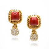 Estate Diamond and Red Coral Drop Earrings