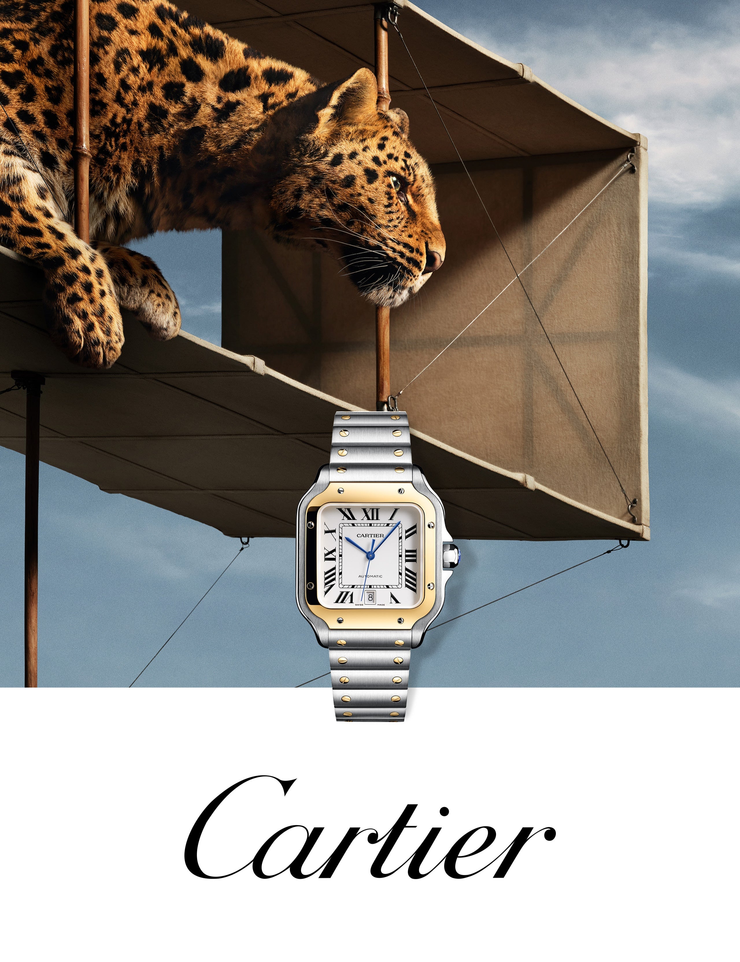 Cartier watch with a leopard on an airplane propeller against a blue sky.