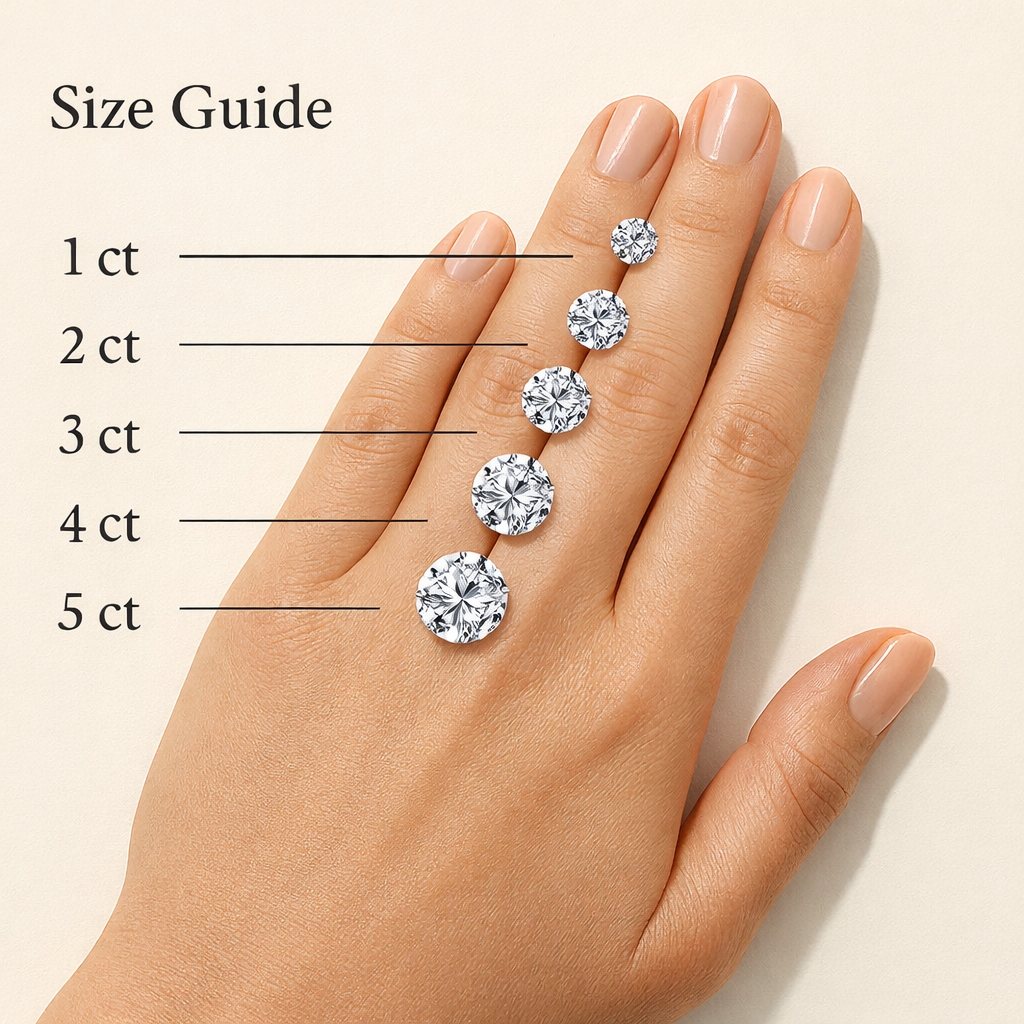 Hand with diamond rings on fingers labeled from 1 ct to 5 ct, against a beige background