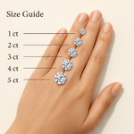 Hand with diamond rings on fingers labeled from 1 ct to 5 ct, against a beige background