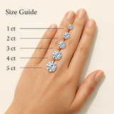 Hand with diamond rings on fingers labeled from 1 ct to 5 ct, against a beige background