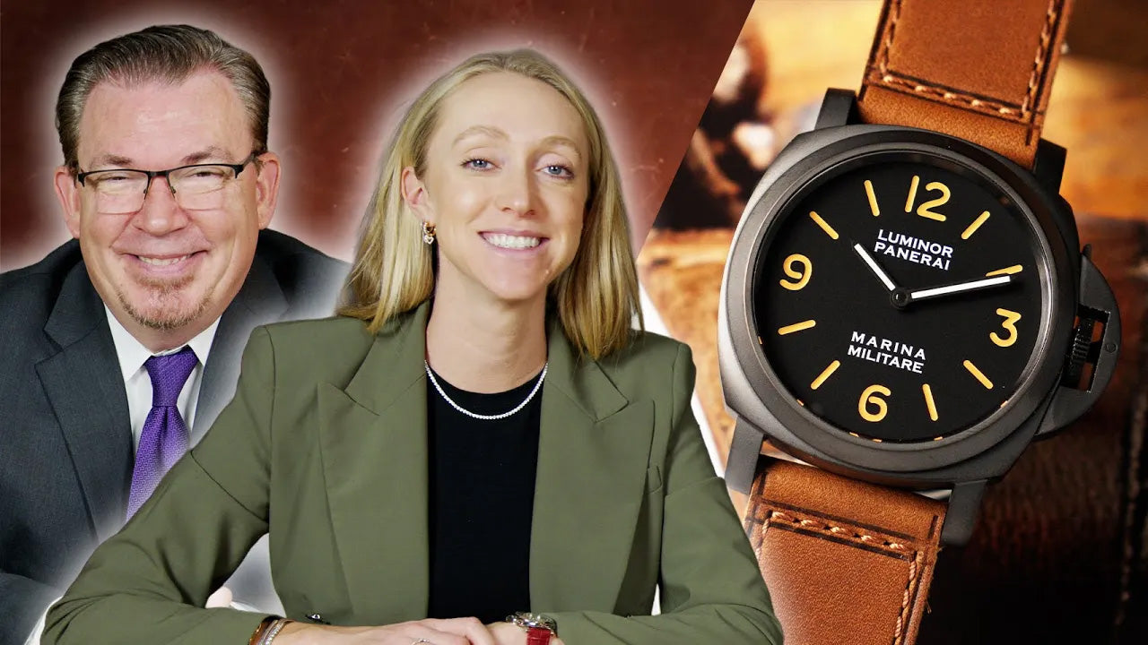 Two people with a Luminor Panerai watch displayed prominently.
